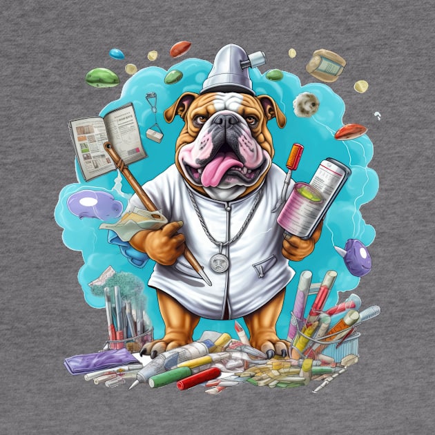 A surreal scene of a Physician English Bulldog standing on a cloud, holding a scalpel and a medical chart by teestore_24